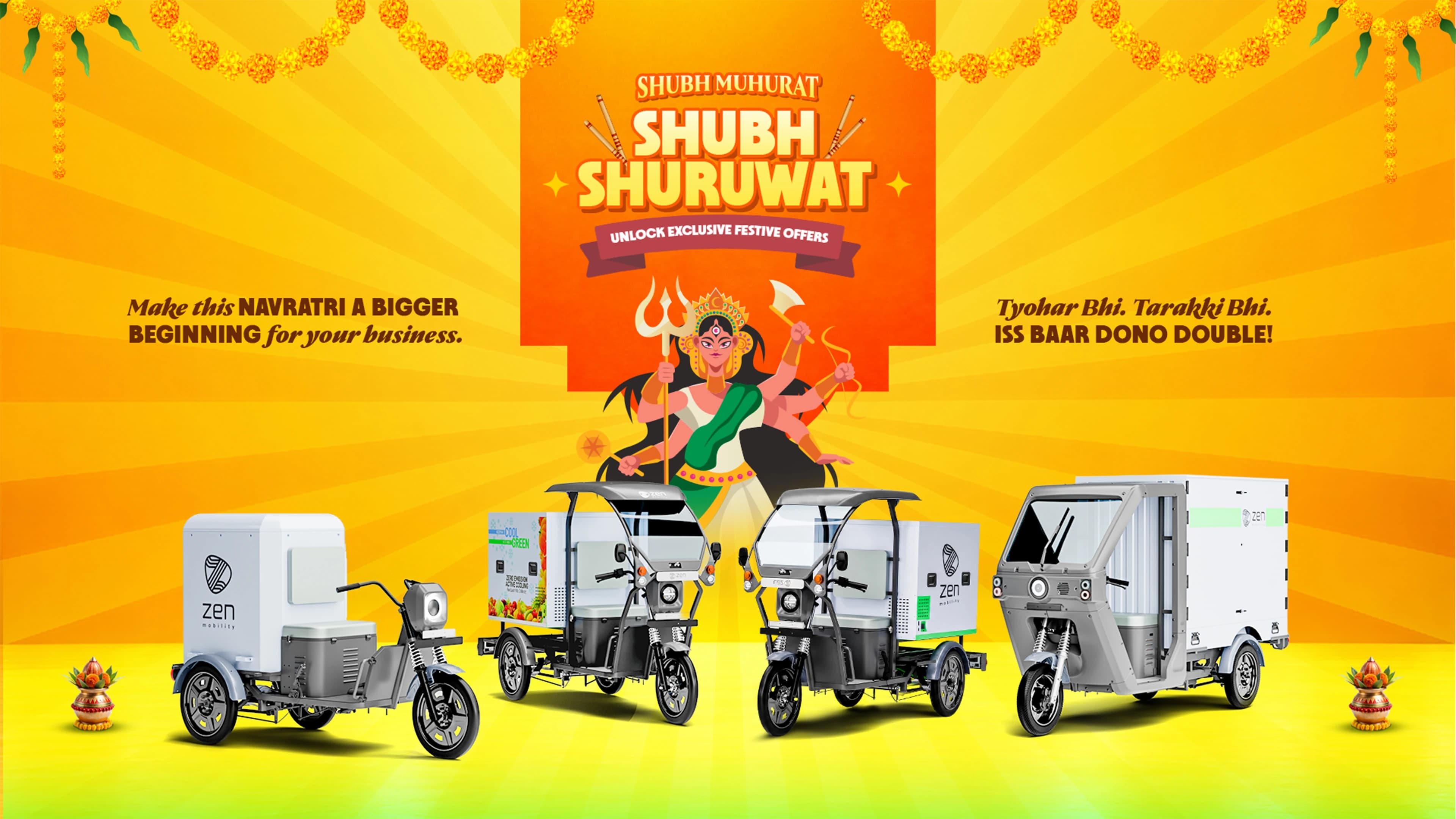 Zen Mobility Navratri Shubh Muhurat Shubh Shuruwat — unlock exclusive festive offers, with Goddess Durga and Zen Mobility electric cargo vehicles.